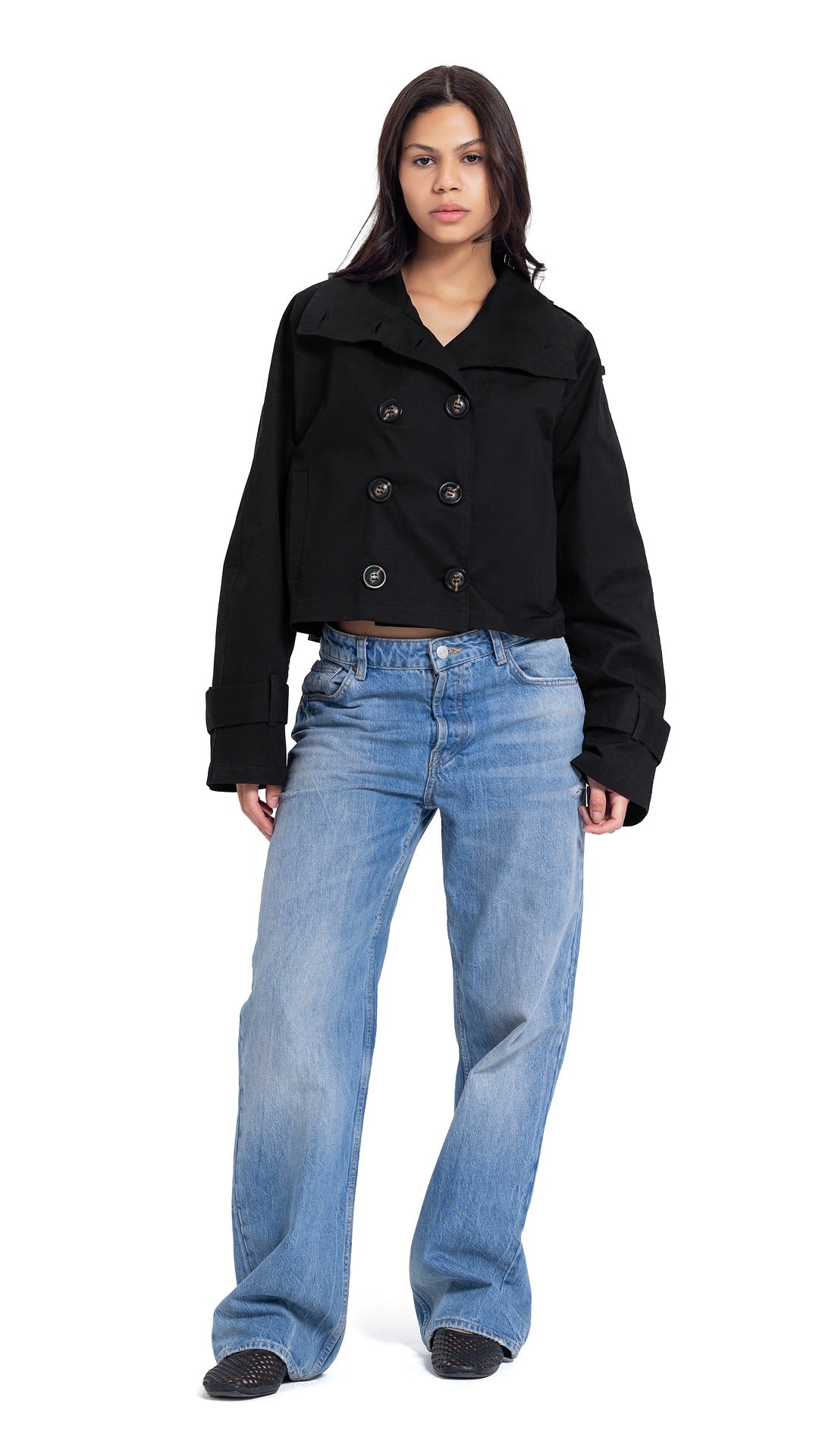 High-Collar Crop Coat in Black