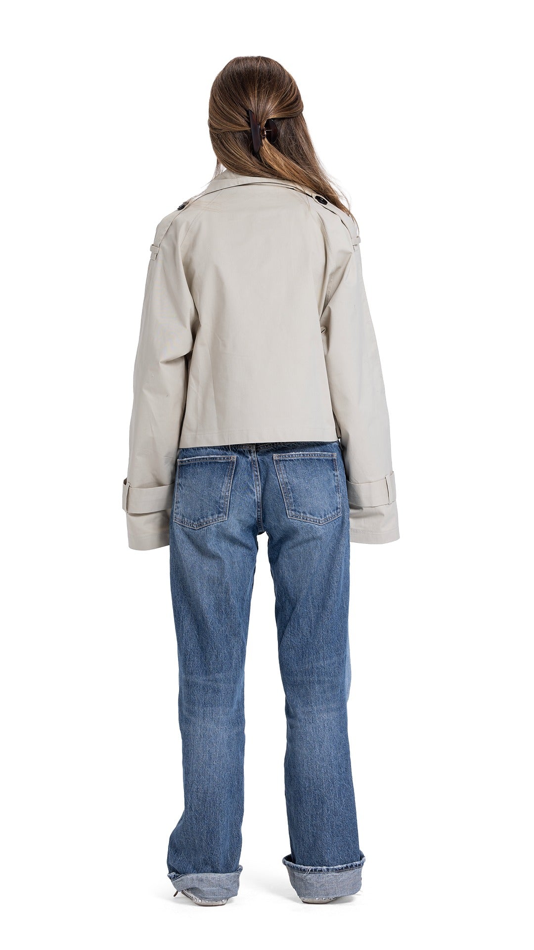 High-Collar Crop Coat in beige