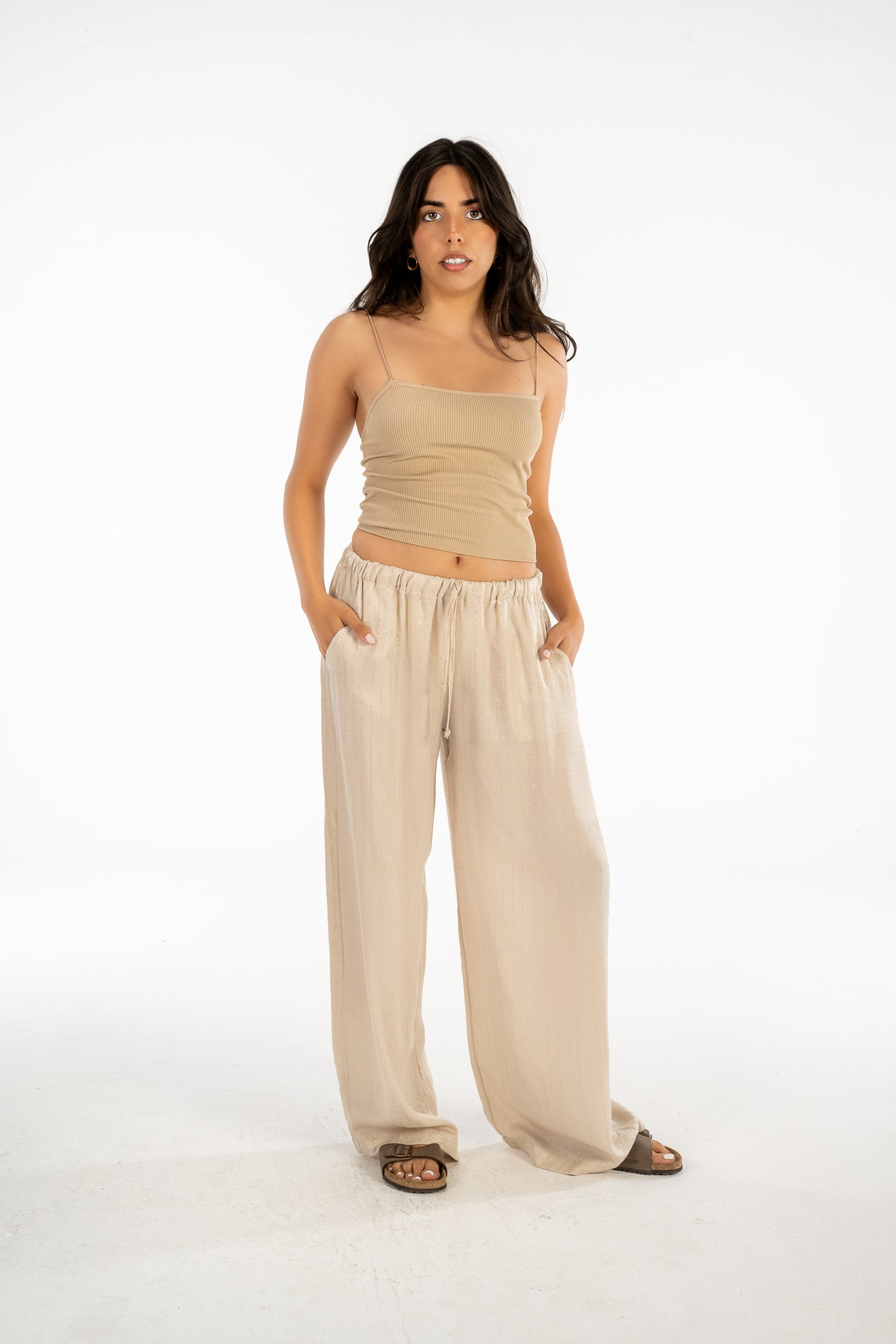 Beige Shimmery-Striped Pants