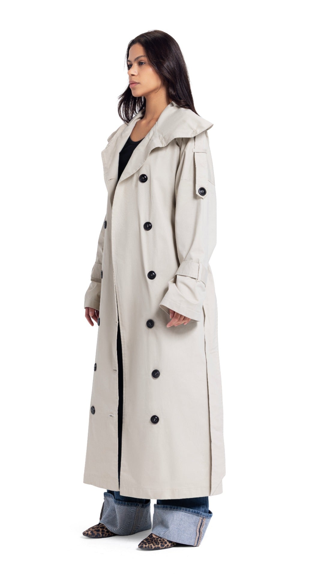 High-Collar Coat in Beige