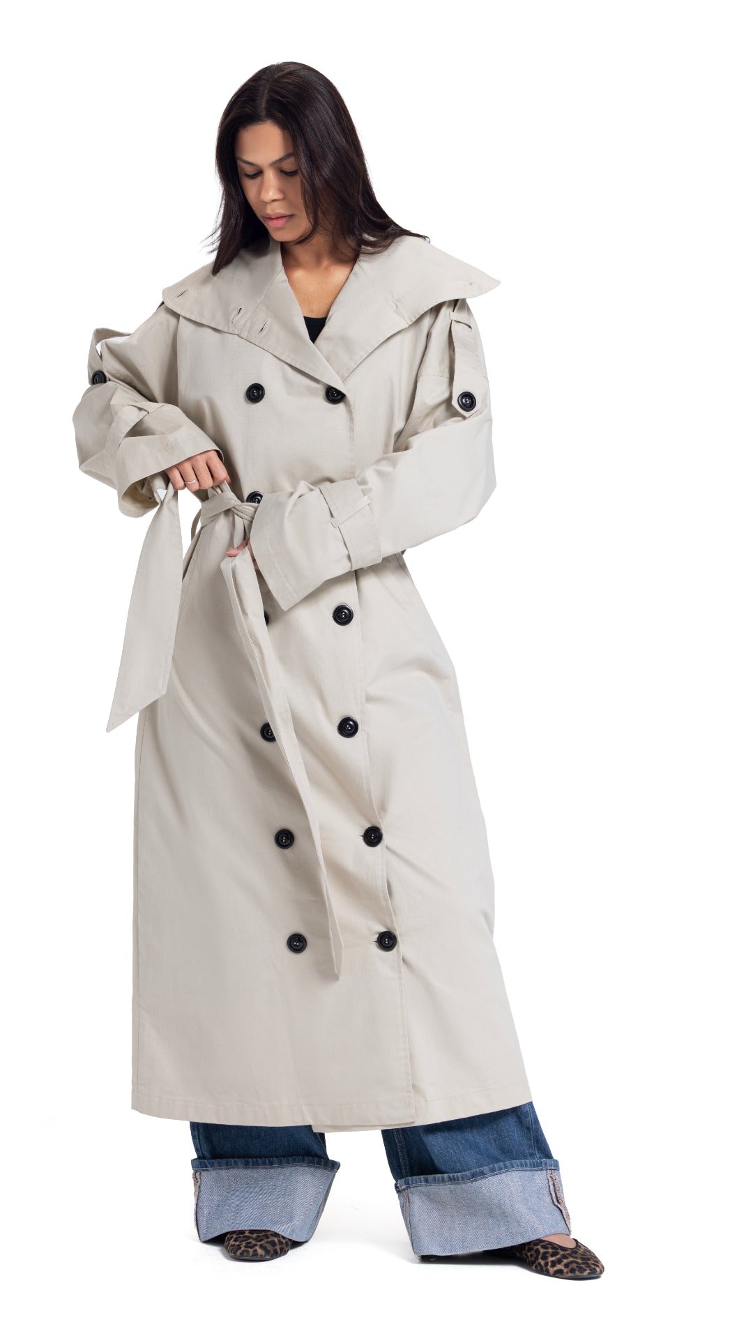 High-Collar Coat in Beige