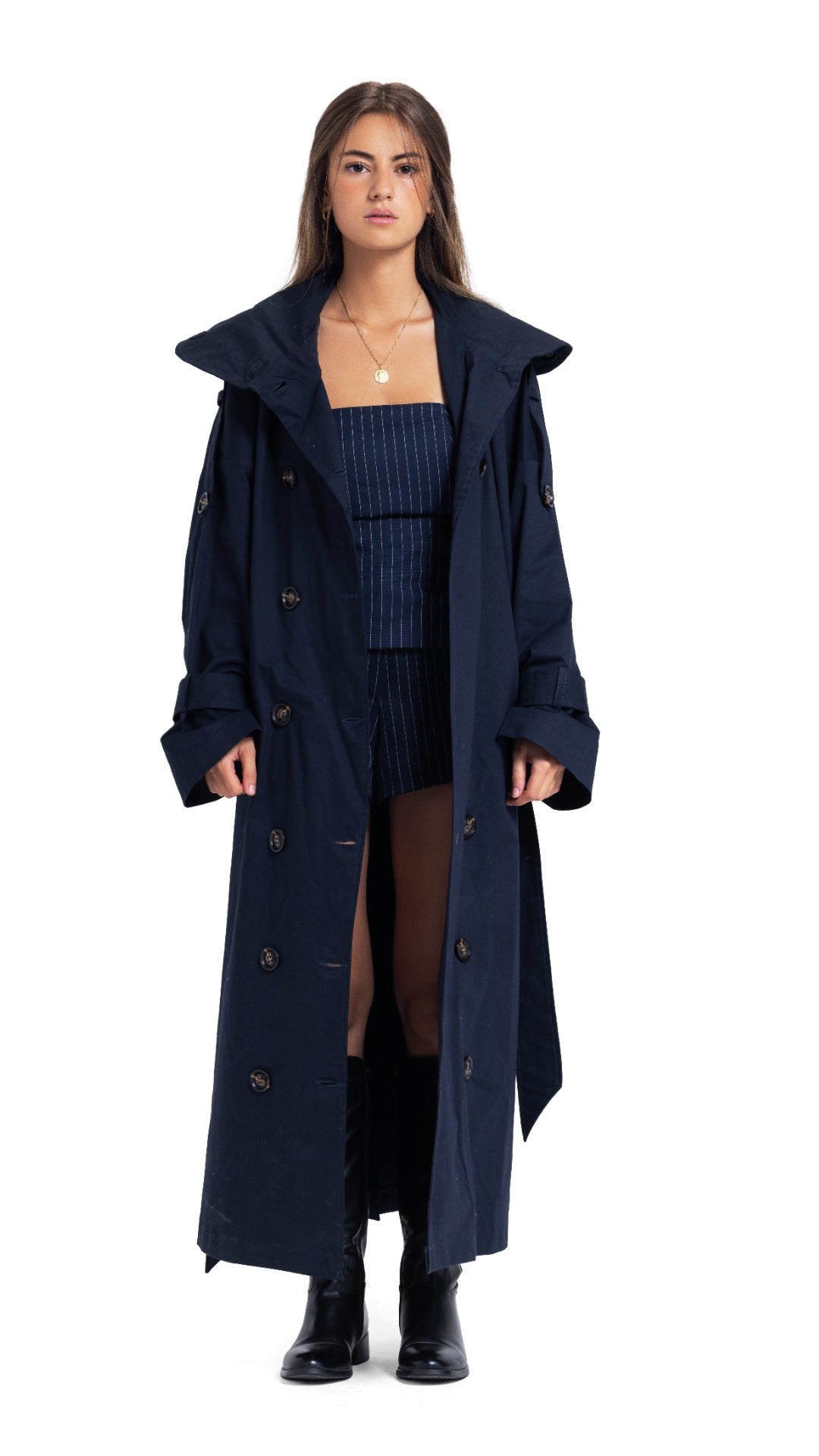High-Collar Coat in Navy
