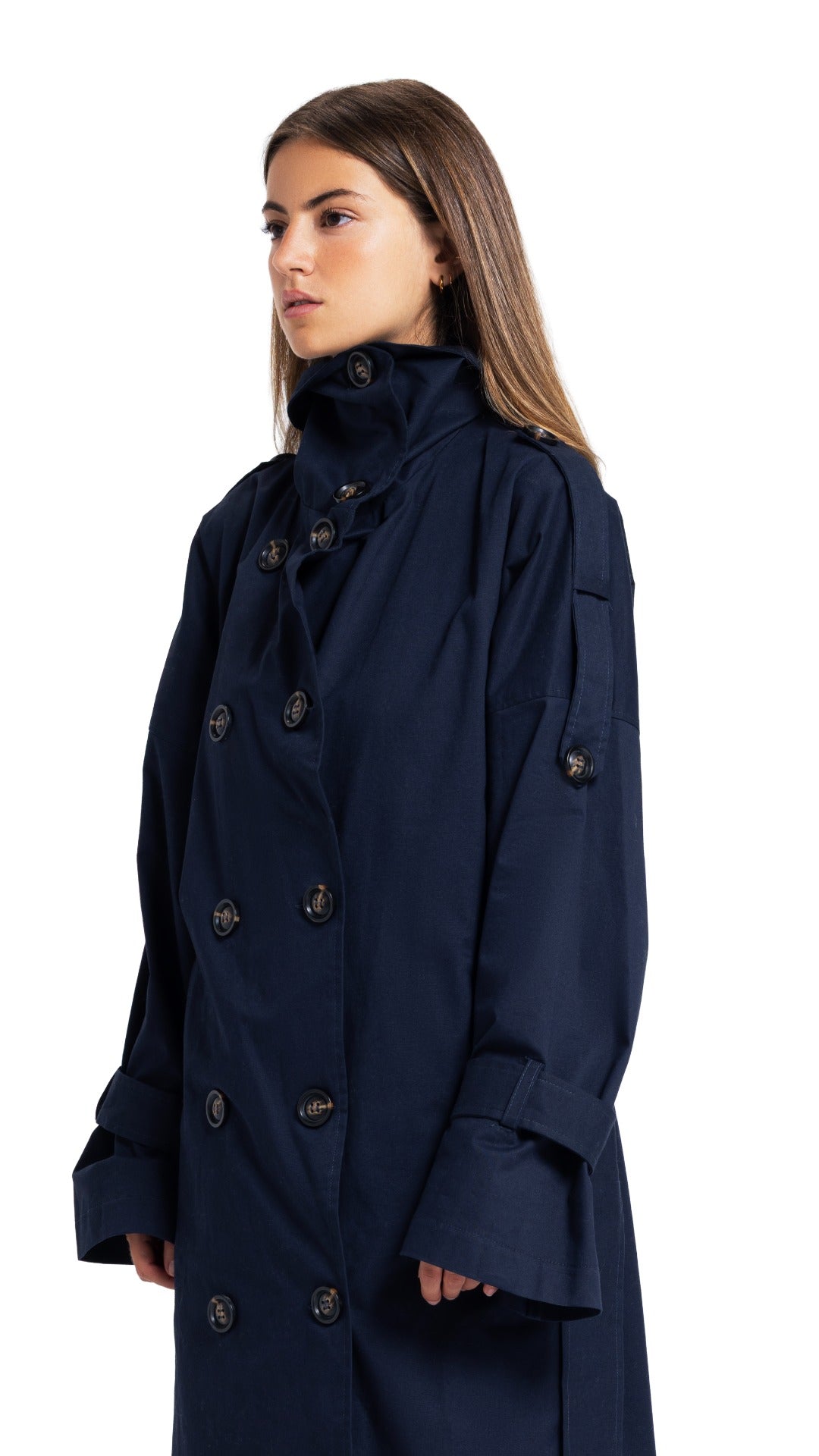 High-Collar Coat in Navy