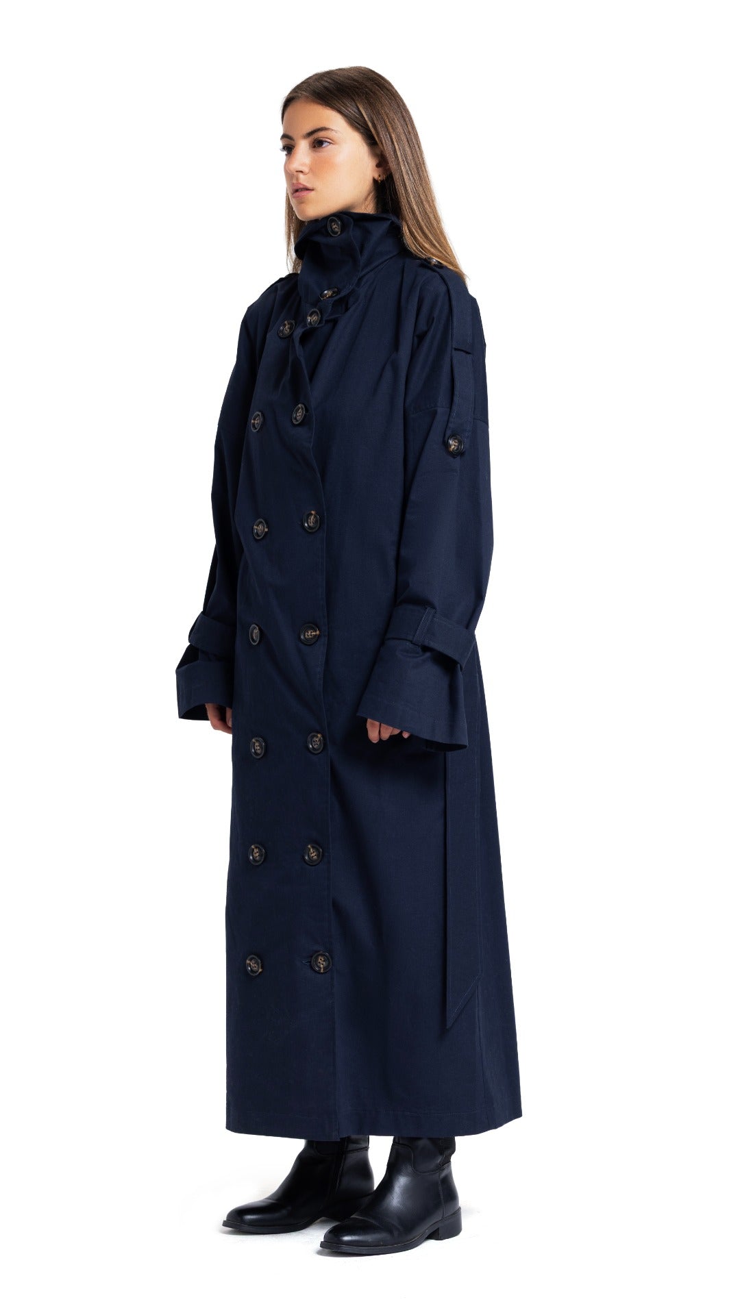 High-Collar Coat in Navy
