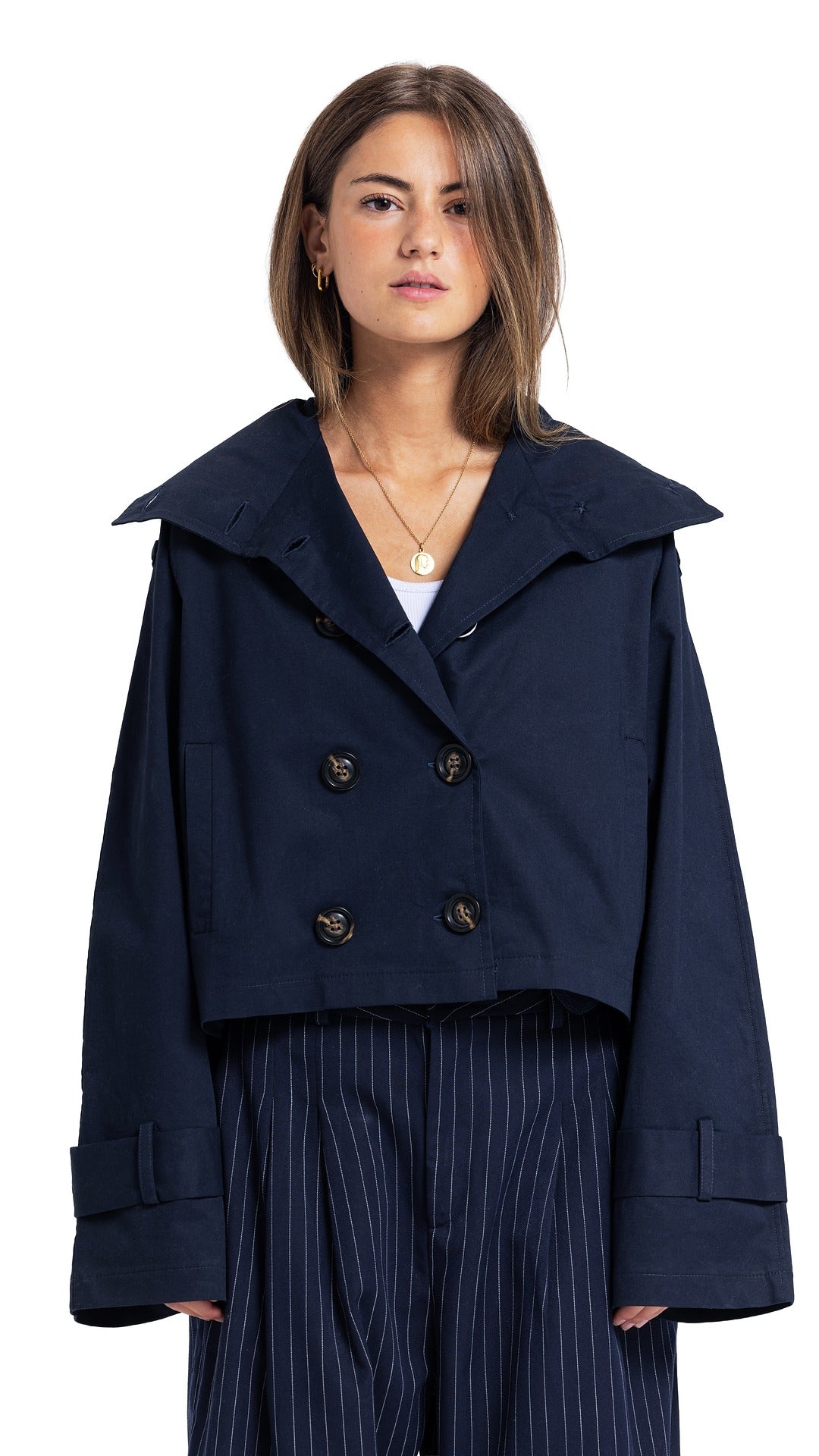 High-Collar Crop Coat in Navy