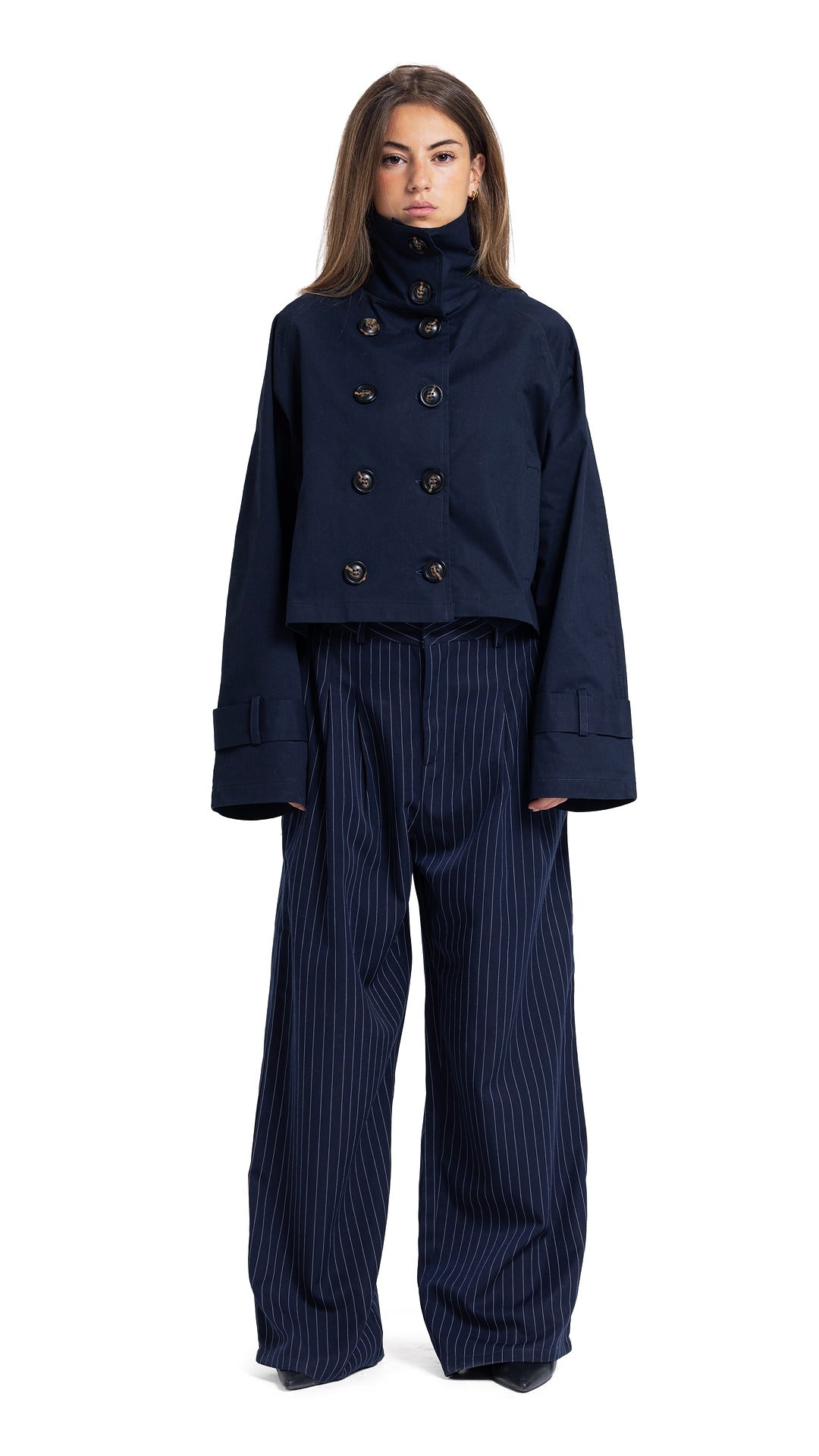 High-Collar Crop Coat in Navy