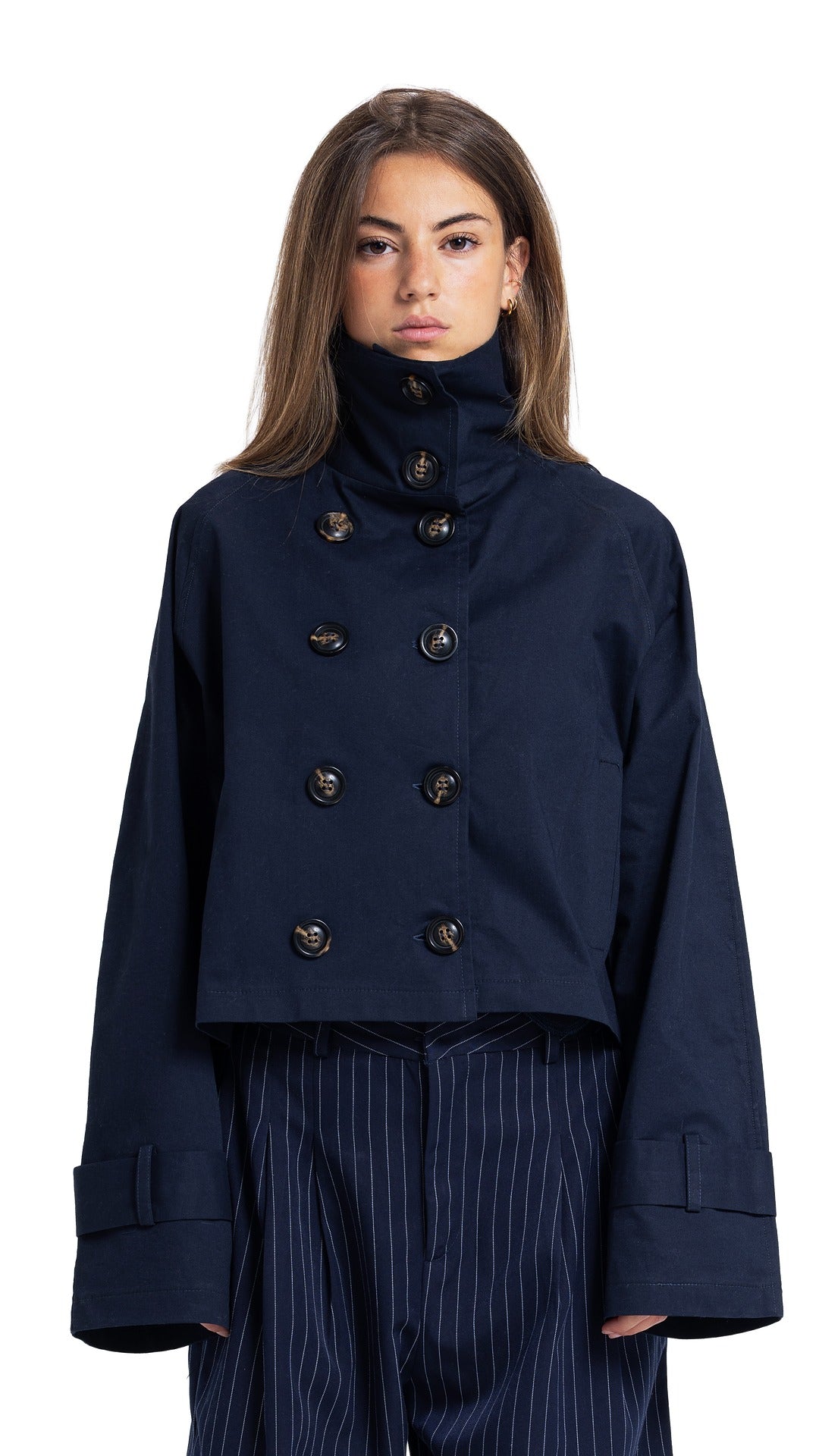 High-Collar Crop Coat in Navy