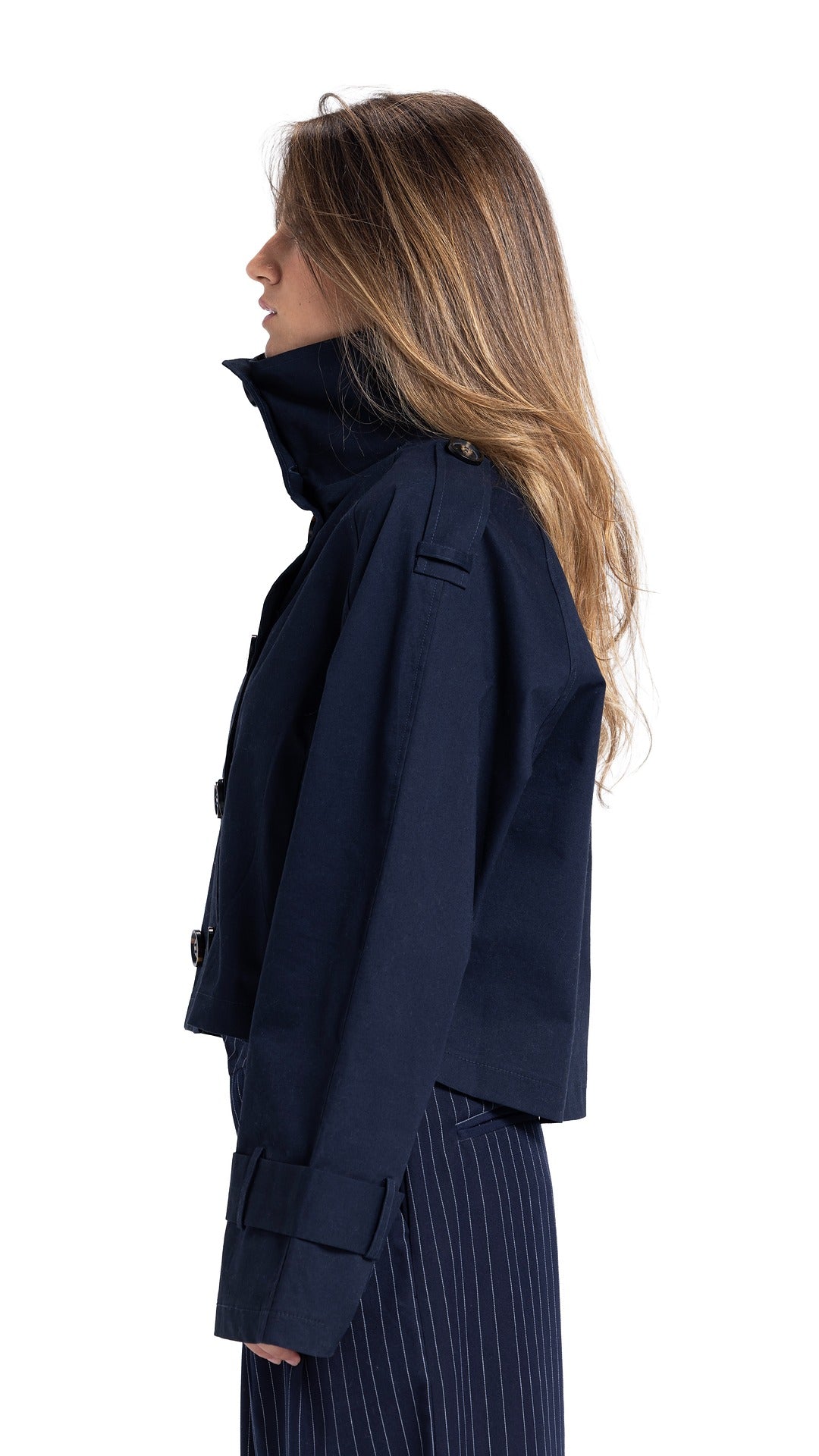 High-Collar Crop Coat in Navy