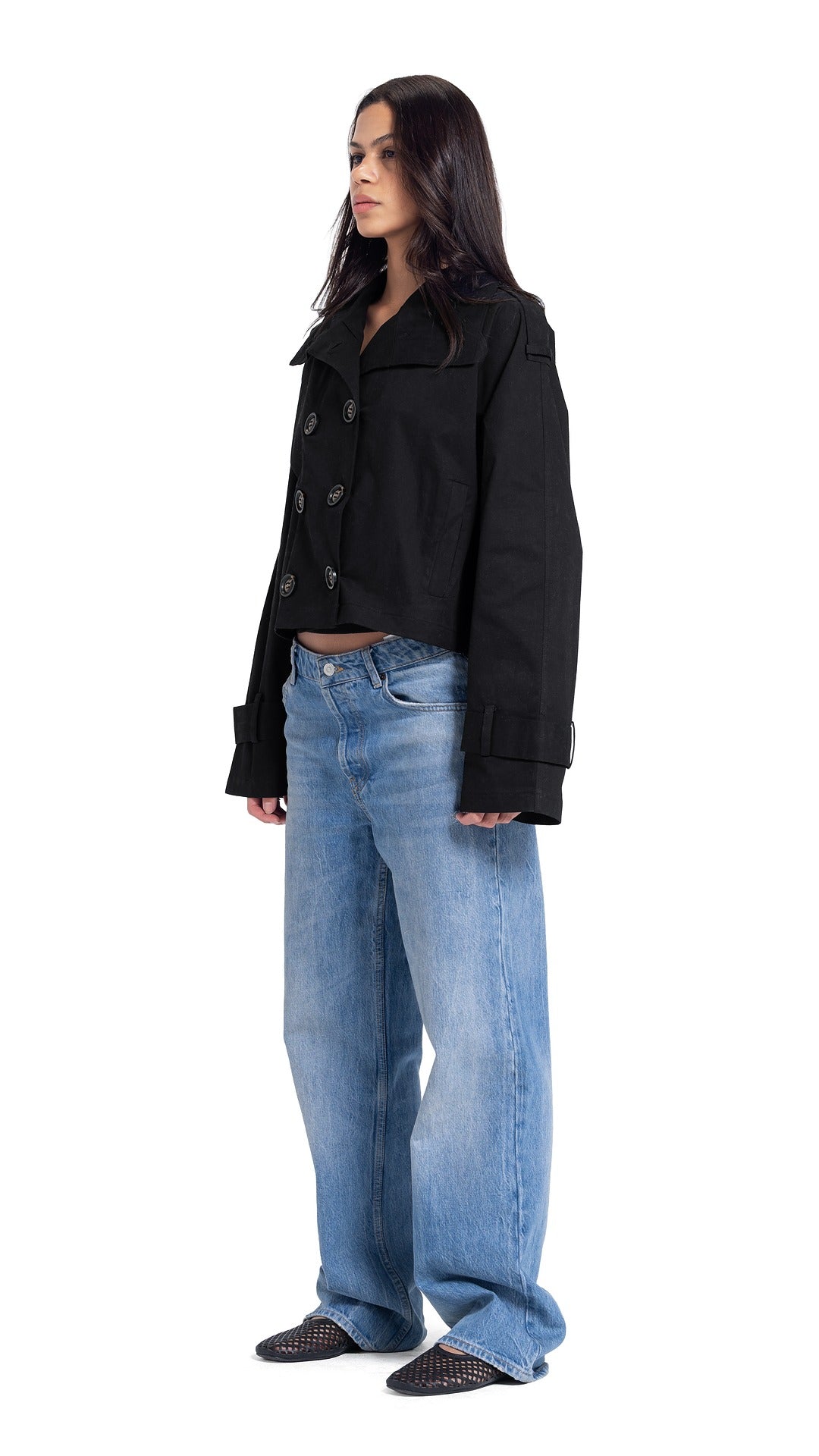 High-Collar Crop Coat in Black