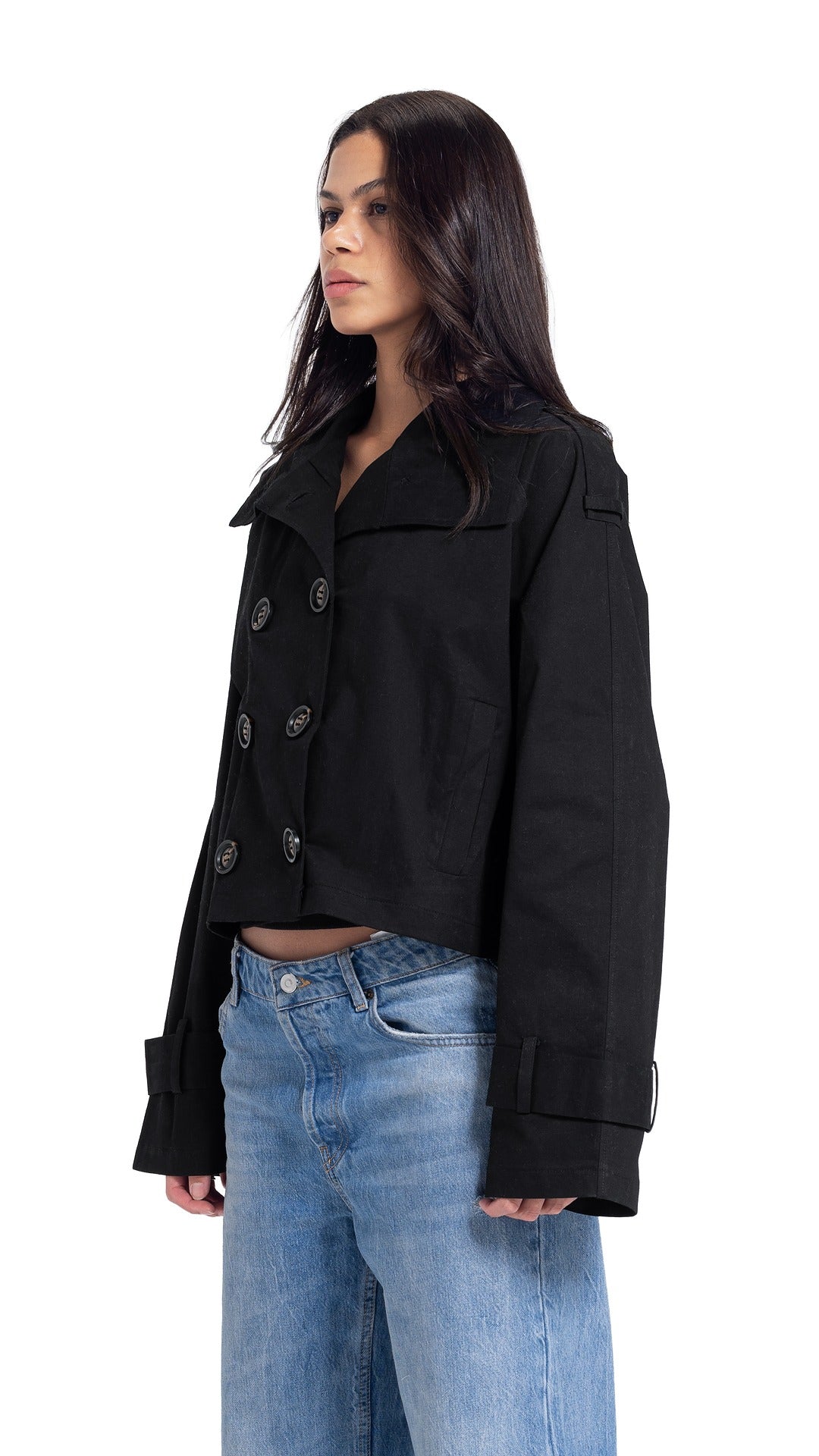 High-Collar Crop Coat in Black