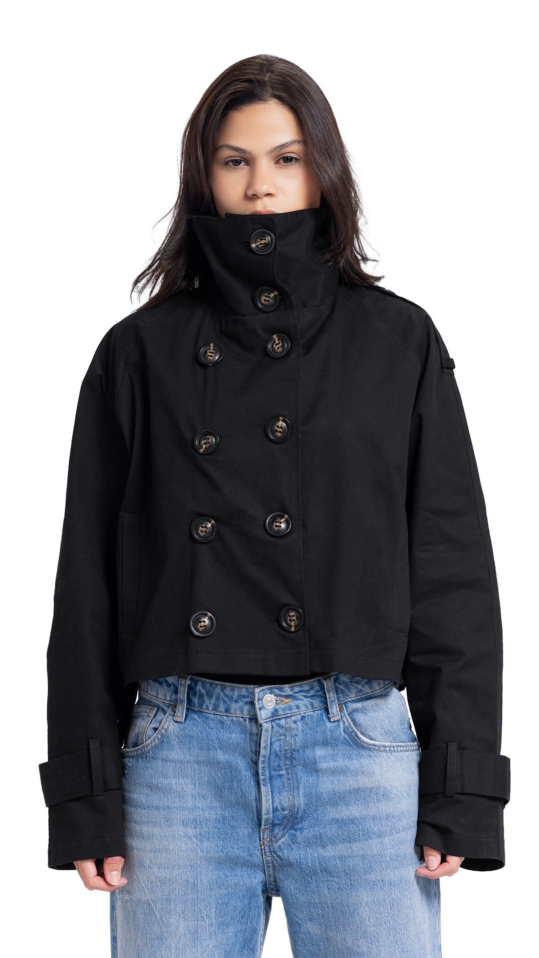 High-Collar Crop Coat in Black