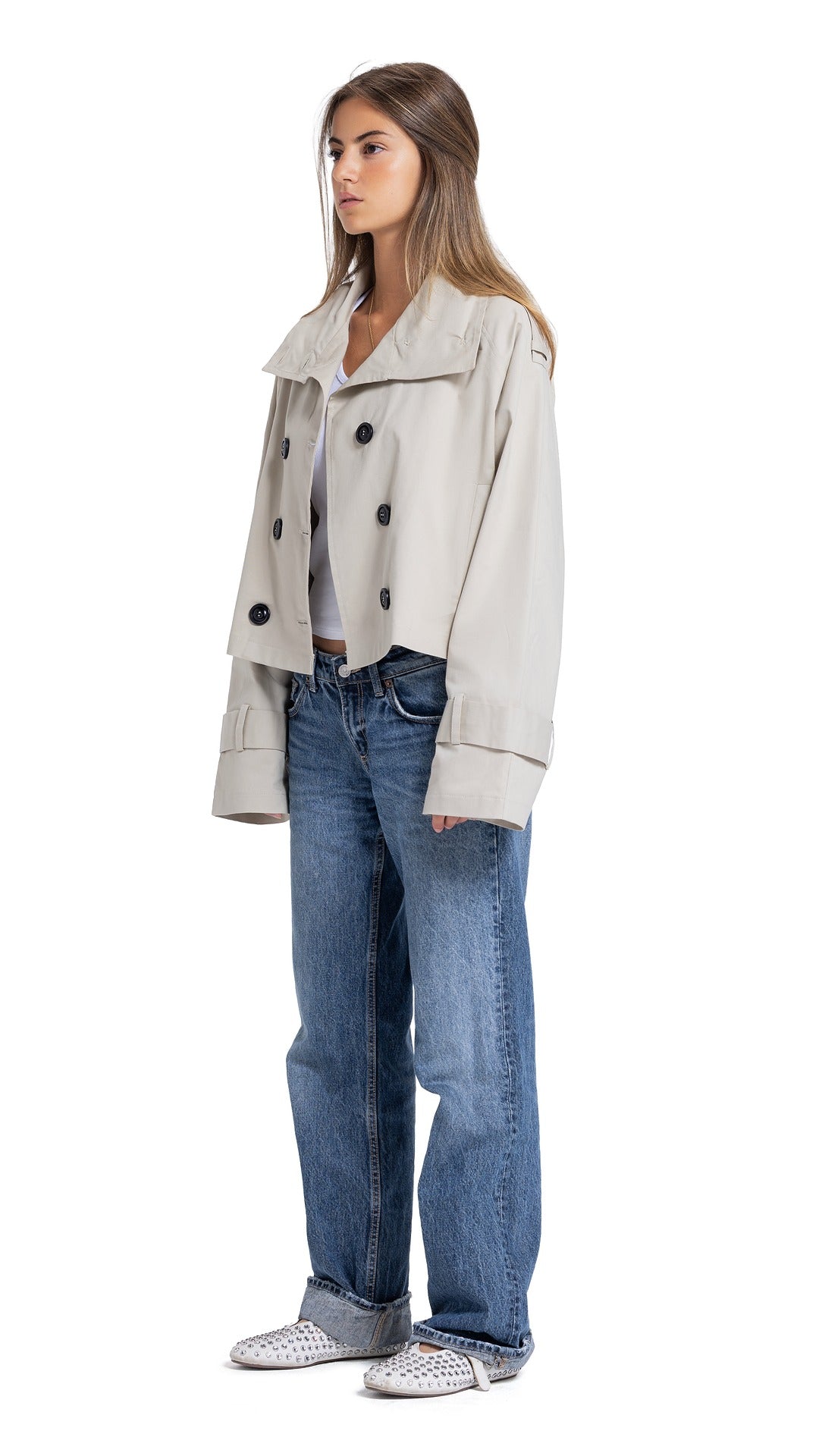 High-Collar Crop Coat in beige