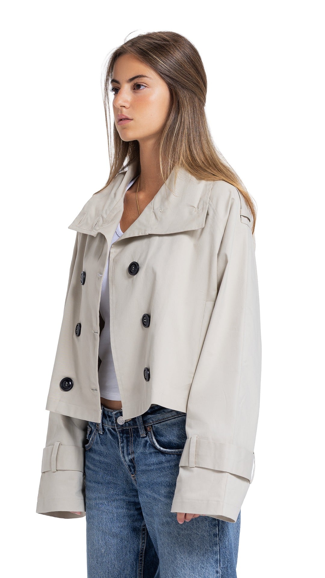 High-Collar Crop Coat in beige