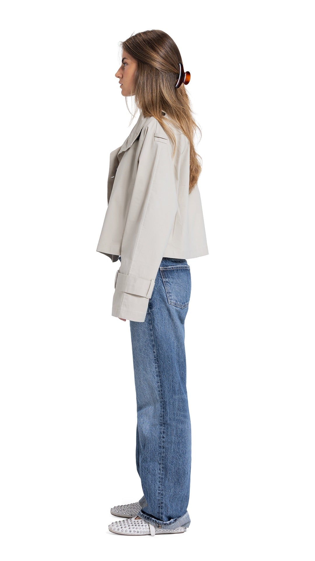 High-Collar Crop Coat in beige