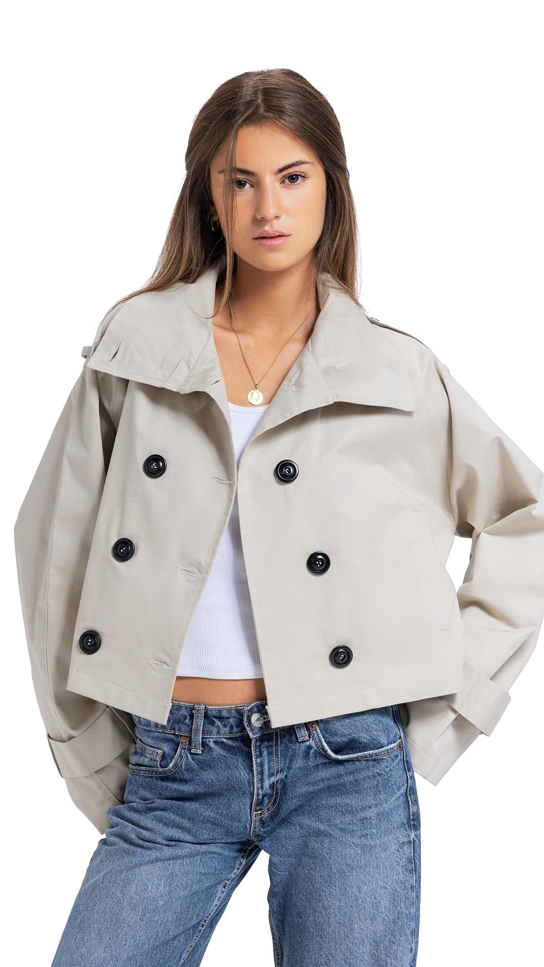 High-Collar Crop Coat in beige