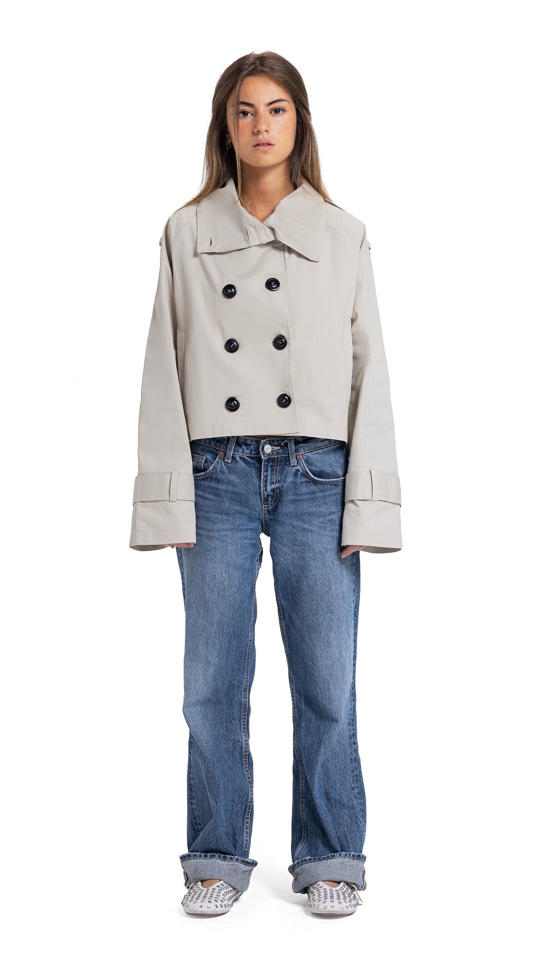 High-Collar Crop Coat in beige