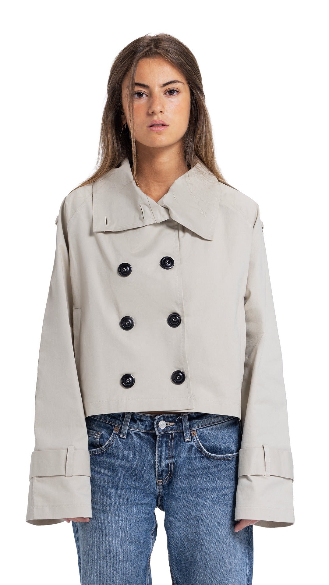 High-Collar Crop Coat in beige