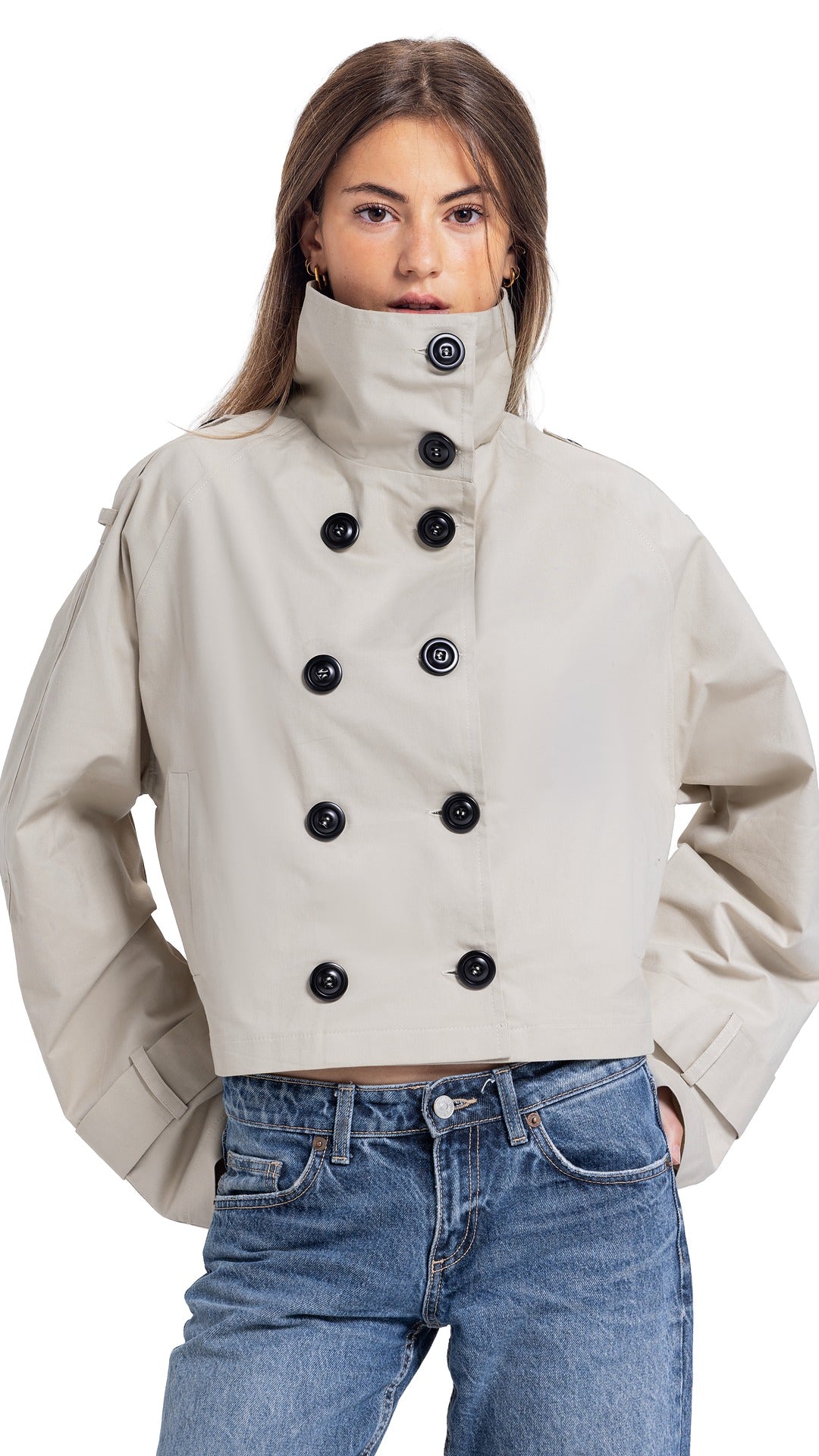 High-Collar Crop Coat in beige