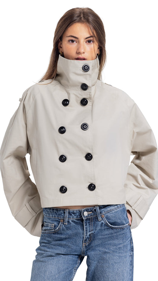 High-Collar Crop Coat in beige