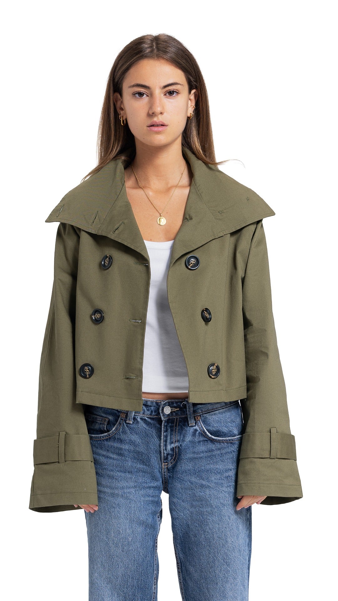 High-Collar Crop Coat in Olive Green