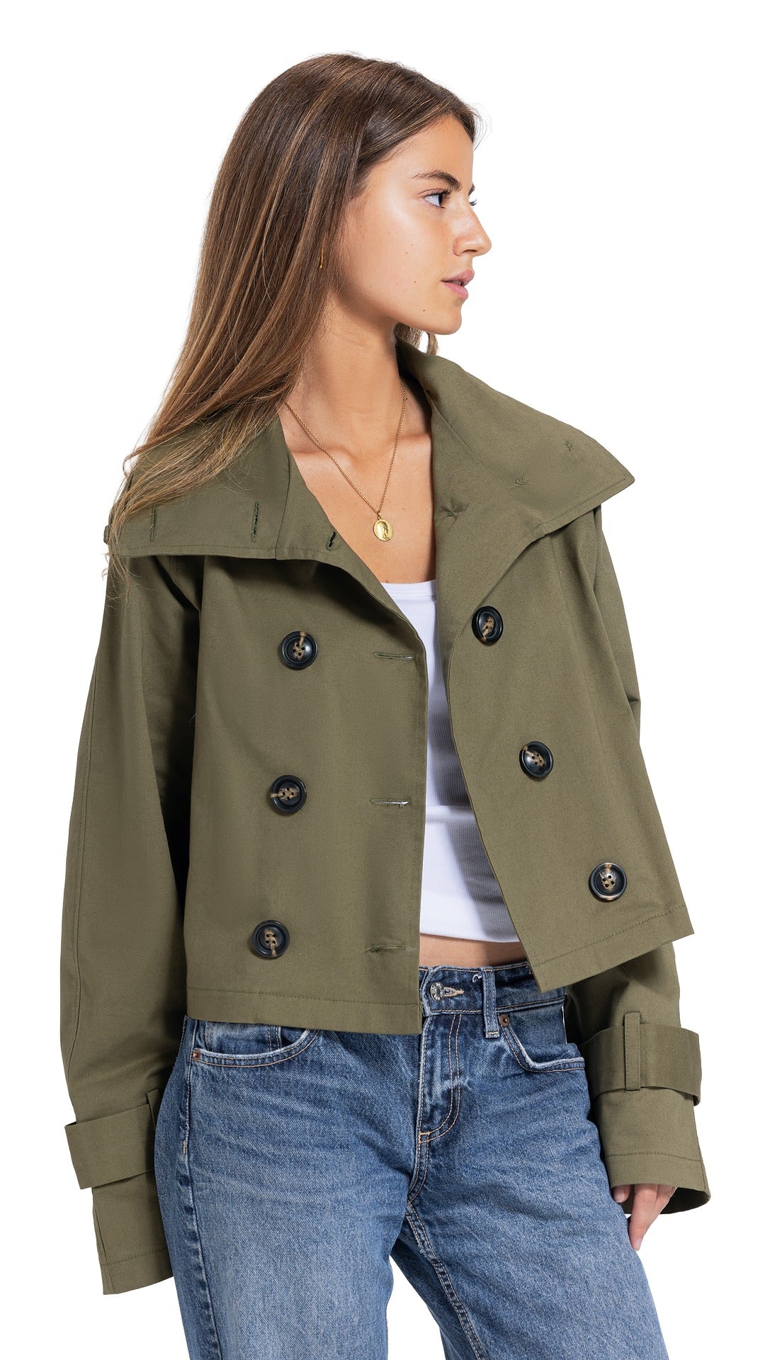 High-Collar Crop Coat in Olive Green