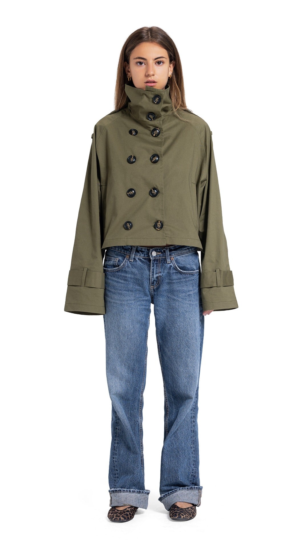 High-Collar Crop Coat in Olive Green