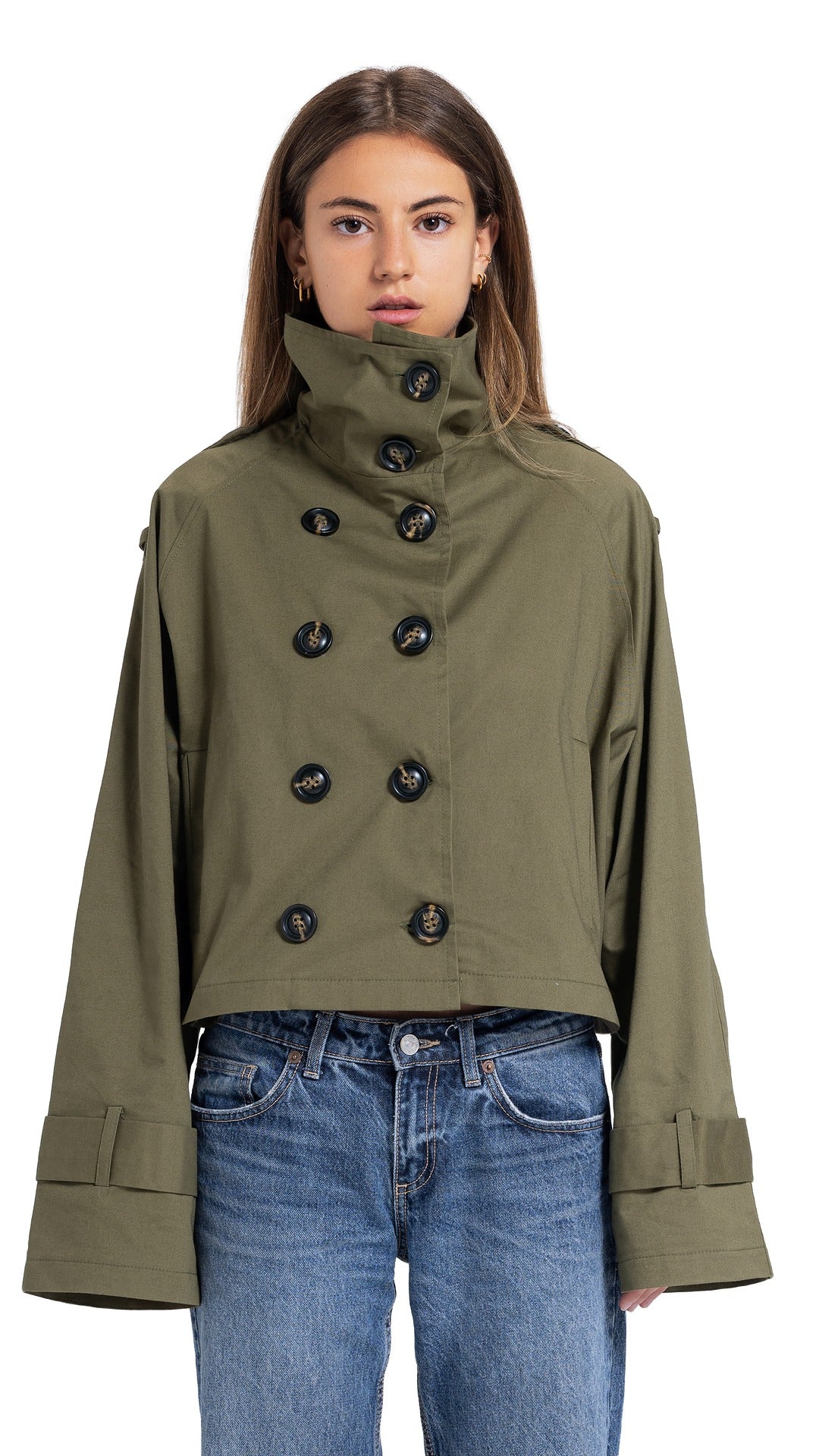 High-Collar Crop Coat in Olive Green
