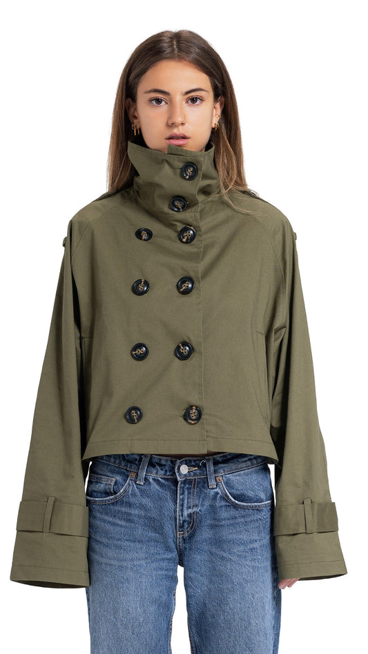 High-Collar Crop Coat in Olive Green