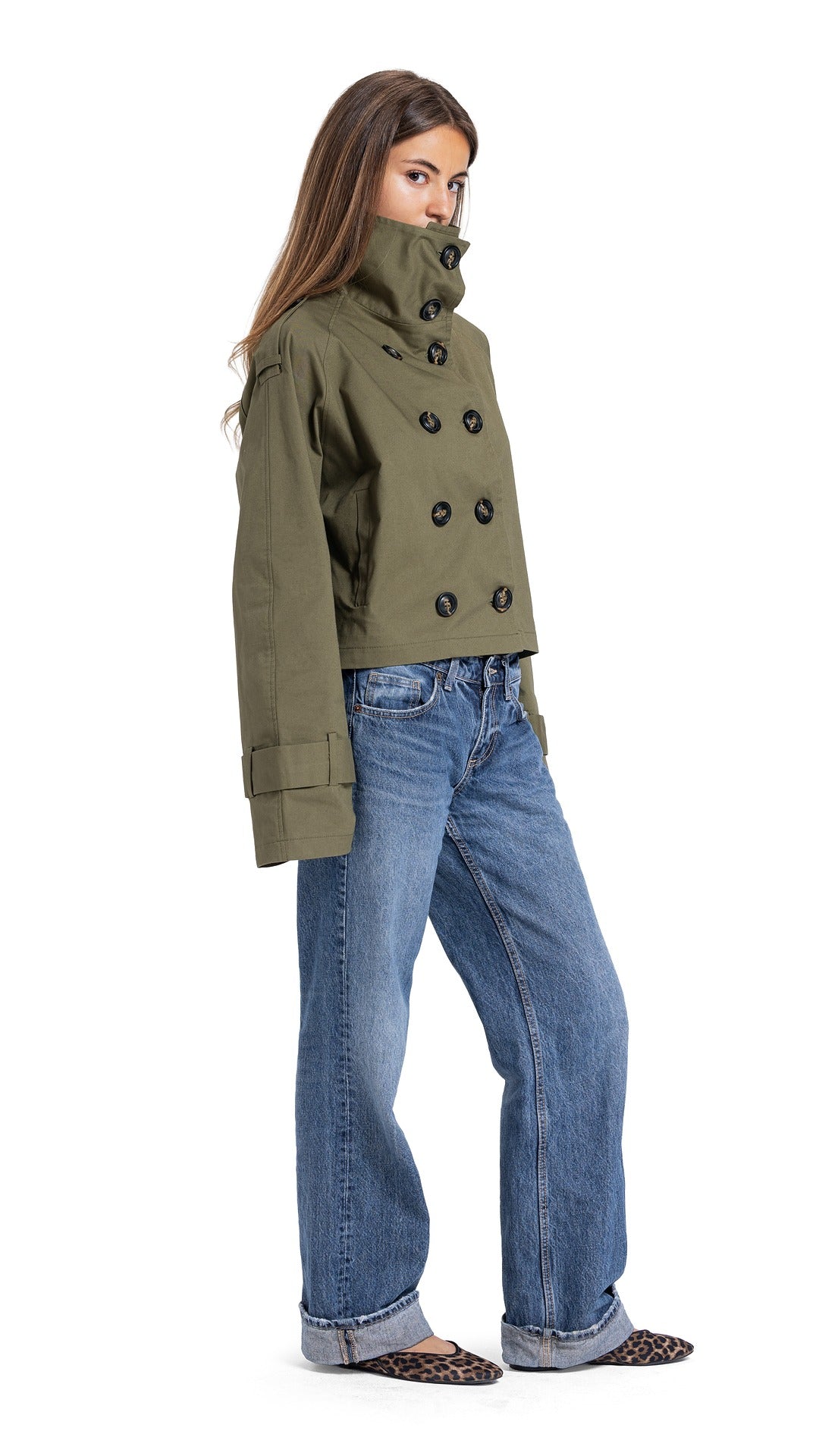High-Collar Crop Coat in Olive Green